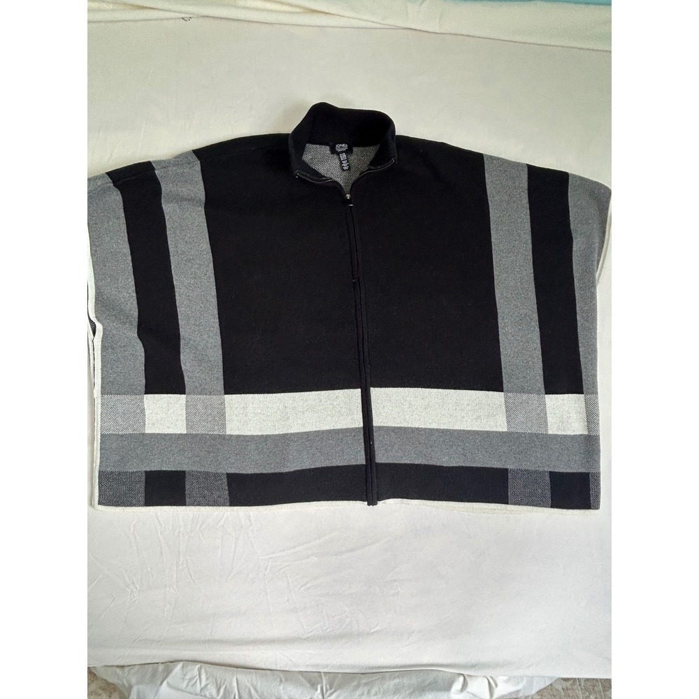 Jones New York Signature Black Grey Plaid Zip Front Poncho Sweater Womens L/XL - Picture 1 of 5